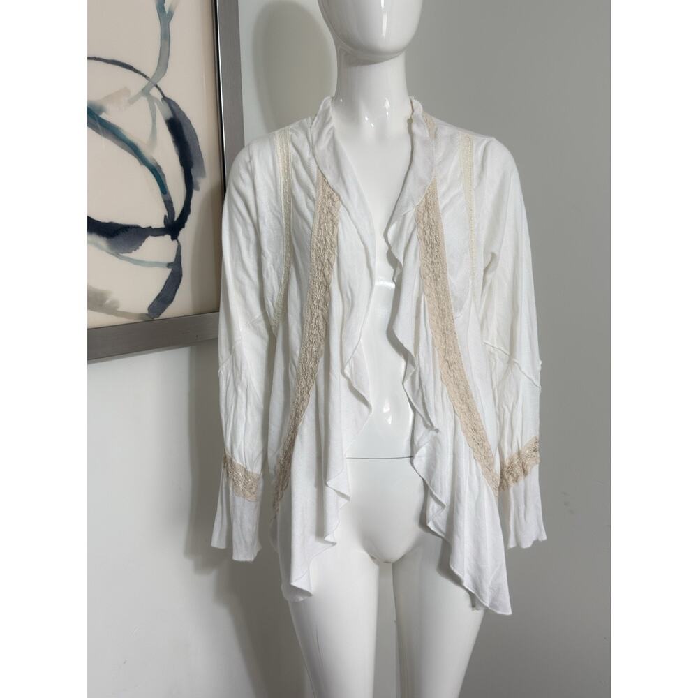 Vintage Y2K Women’s Ivory Crochet Boho Hippie Open Front Ruffle Cardigan Top L